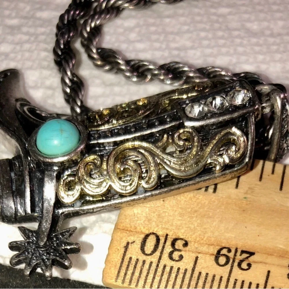 Turquoise Accent Western Boot Pendant Necklace - Men's Silver & Gold Tone